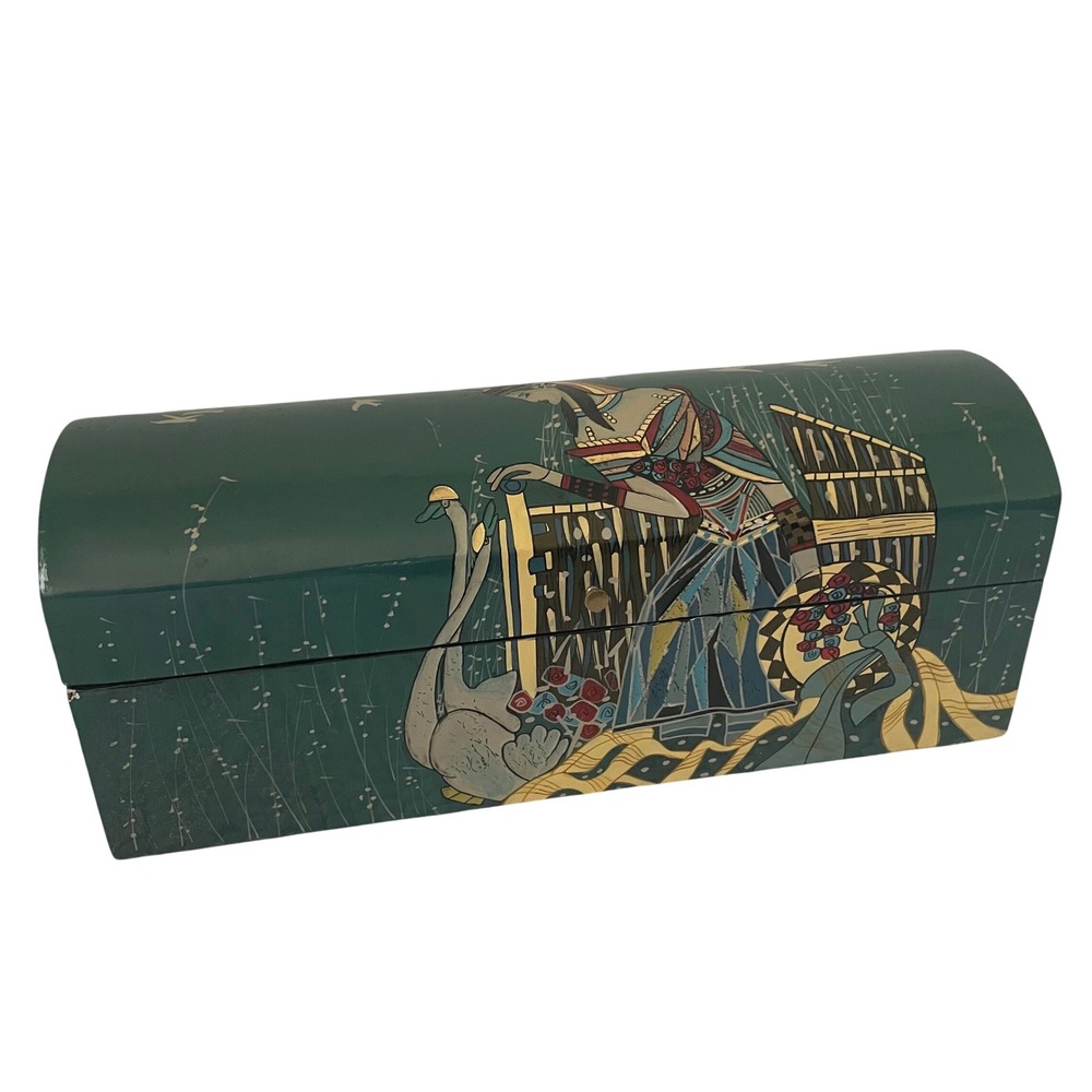 Vintage 1970 La Belle Erte Style Art Deco Lacquer Trinket Box Green Swan Goddess